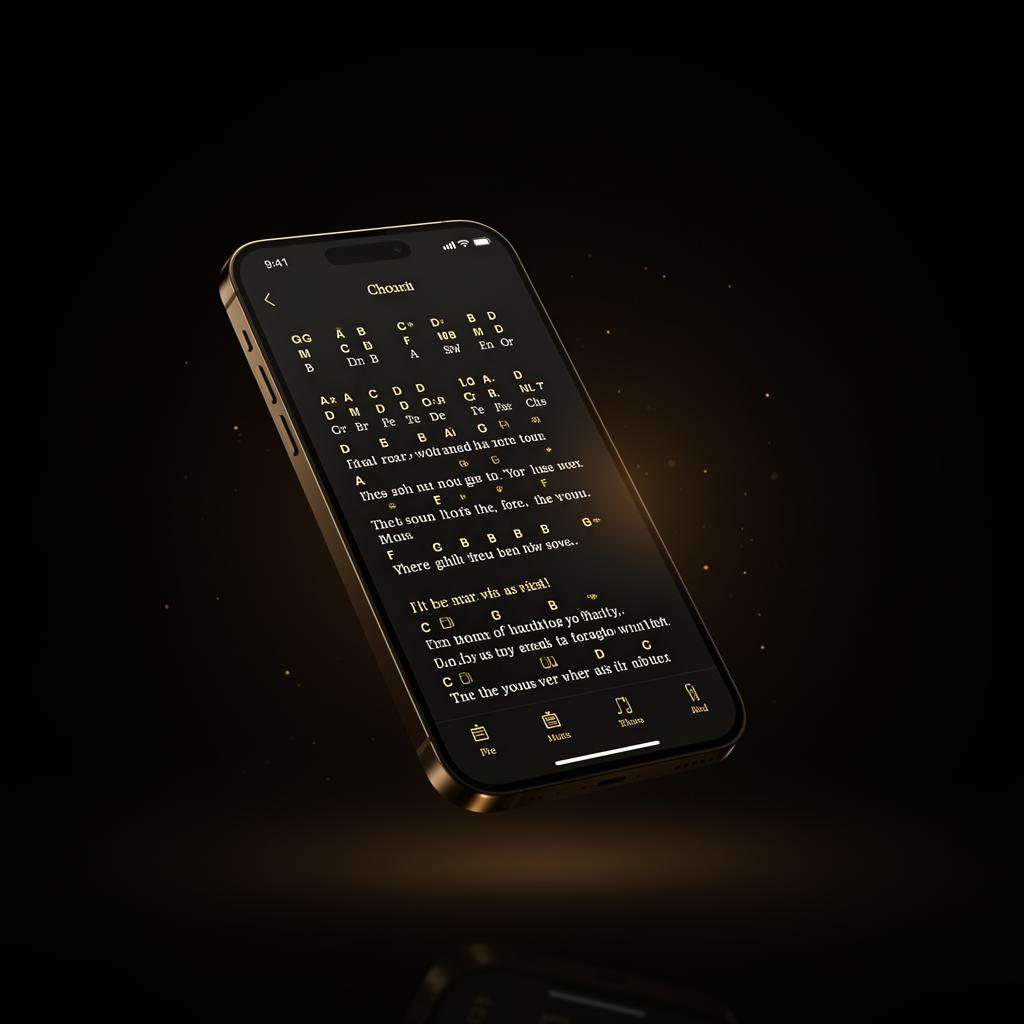 Cifra renderizada no Roudie em modo palco com acordes em dourado sobre fundo noir